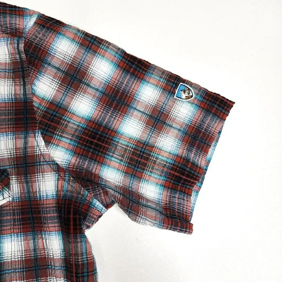 Kuhl Button Short Sleeve Shirt Size Small Linen Cotton Blend Orange White Plaid - Picture 7 of 7